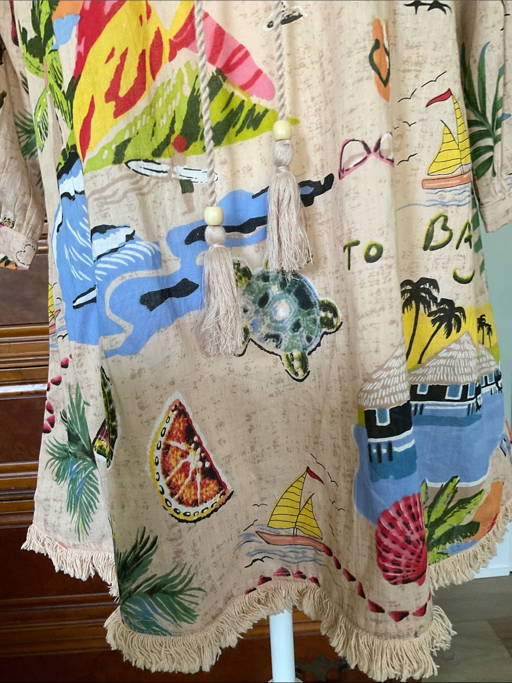 NWT True Destinations Cotton Fringed Tassel Neck Tropical Swim Cover Up Size S - Picture 7 of 14
